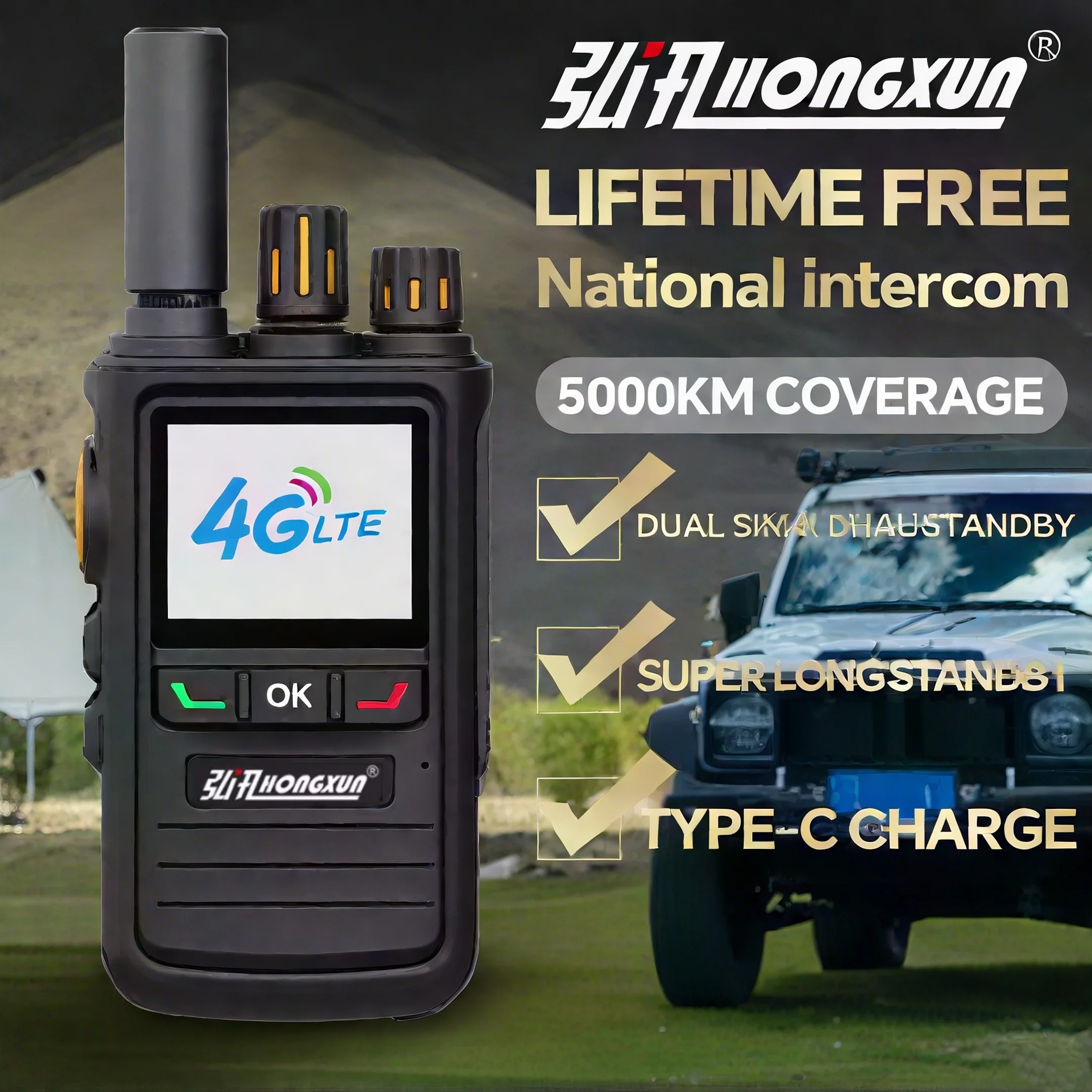 Walkie Talkie HX-T280 4G POC 5000KM Bluetooth GPS SOS LCD Display Wireless Link Anti-Interference High-Fidelity Output camping