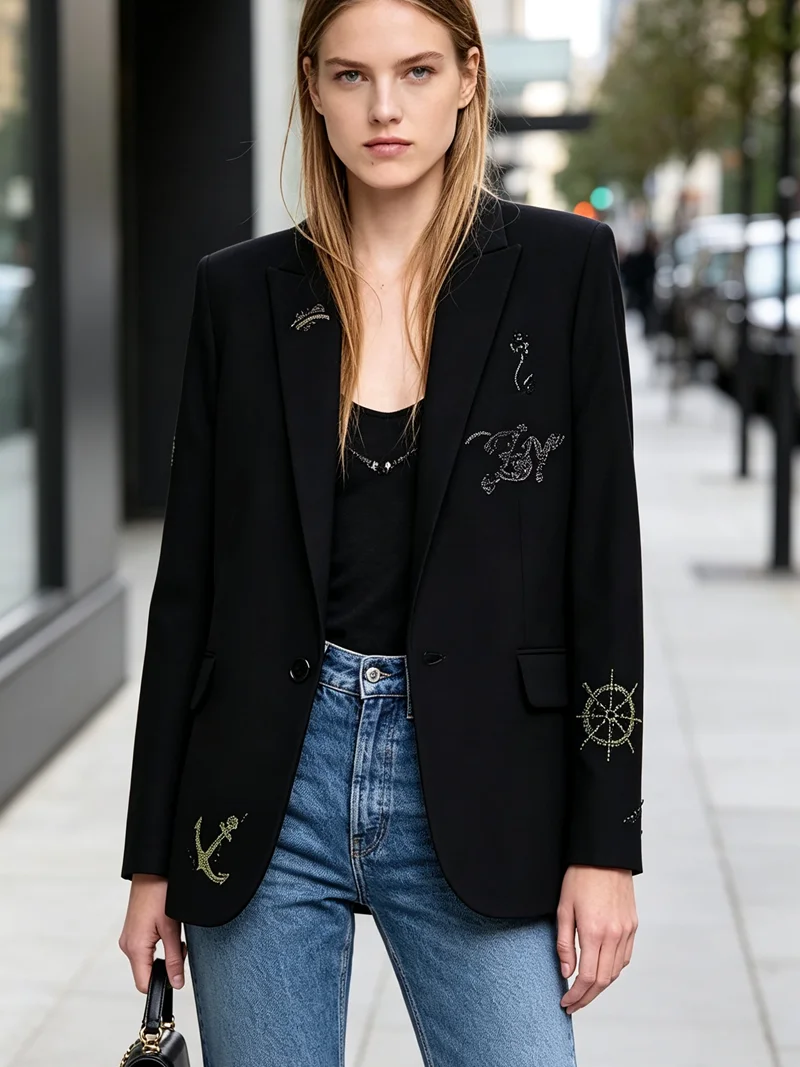 High Quality Women's Suit jacket Comfortable and Casual Decorated With Rhinestones Black Jacket