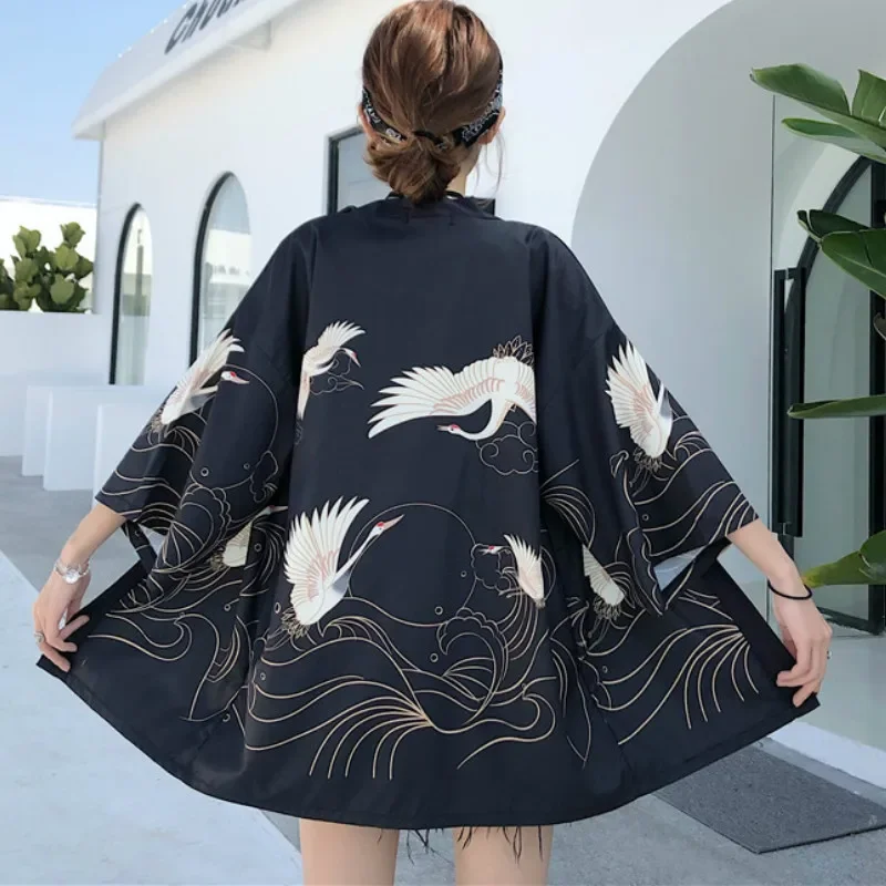 Loose Harajuku Japanese Fashion Kimono 2020 White Black Crane Print Women Cardigan Blouse Beach Haori Obi Asian Clothes