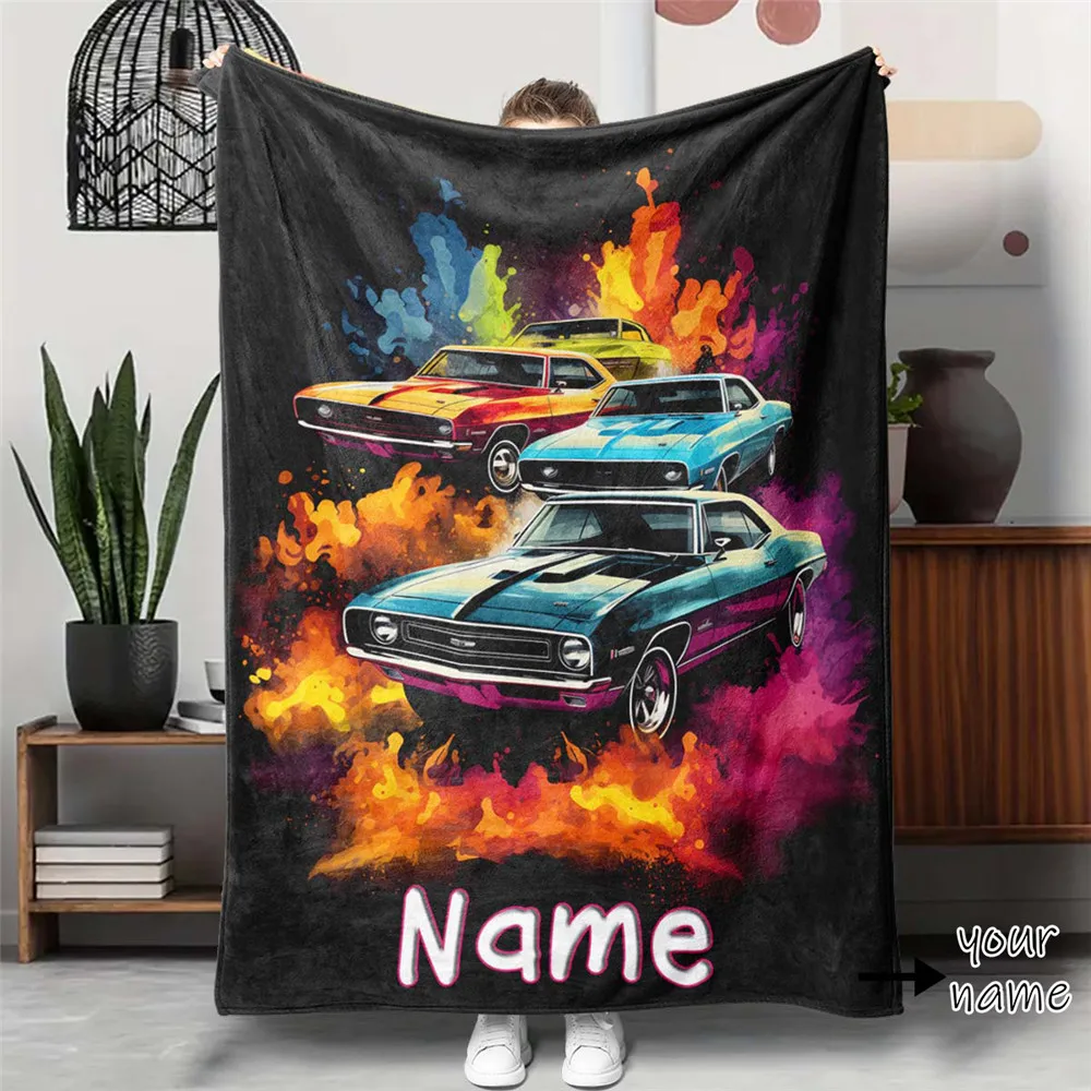 Custom name car flannel blanket, suitable for sofas, beds, birthdays, children, friends, gifts