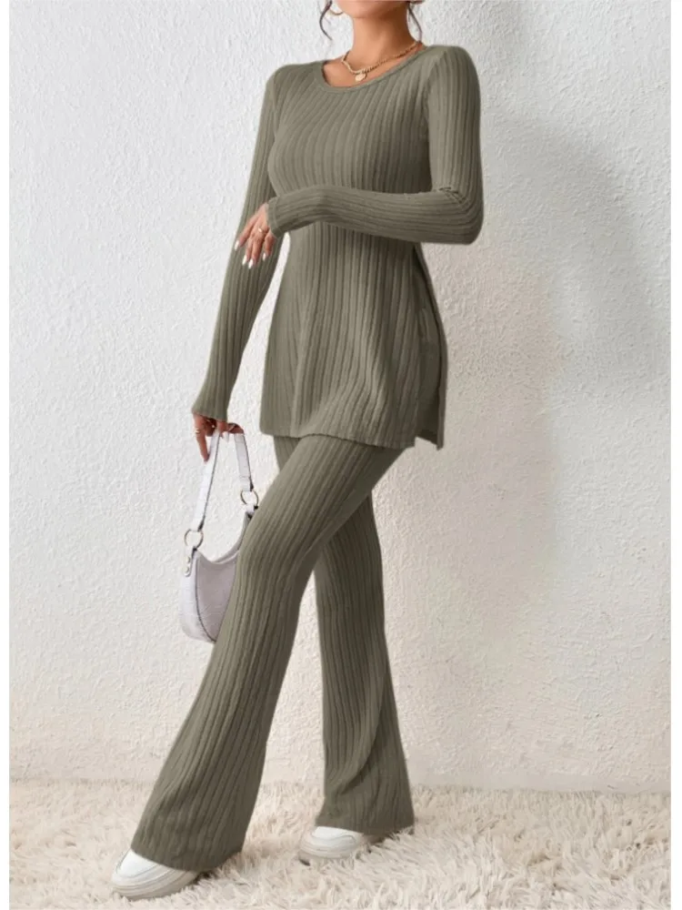 2024 Fall Winter Knitted 2 Piece Suits Women Long Sleeve Ribbed Slit Long Top And High Waist Pencil Pants Set Fashion Outfit