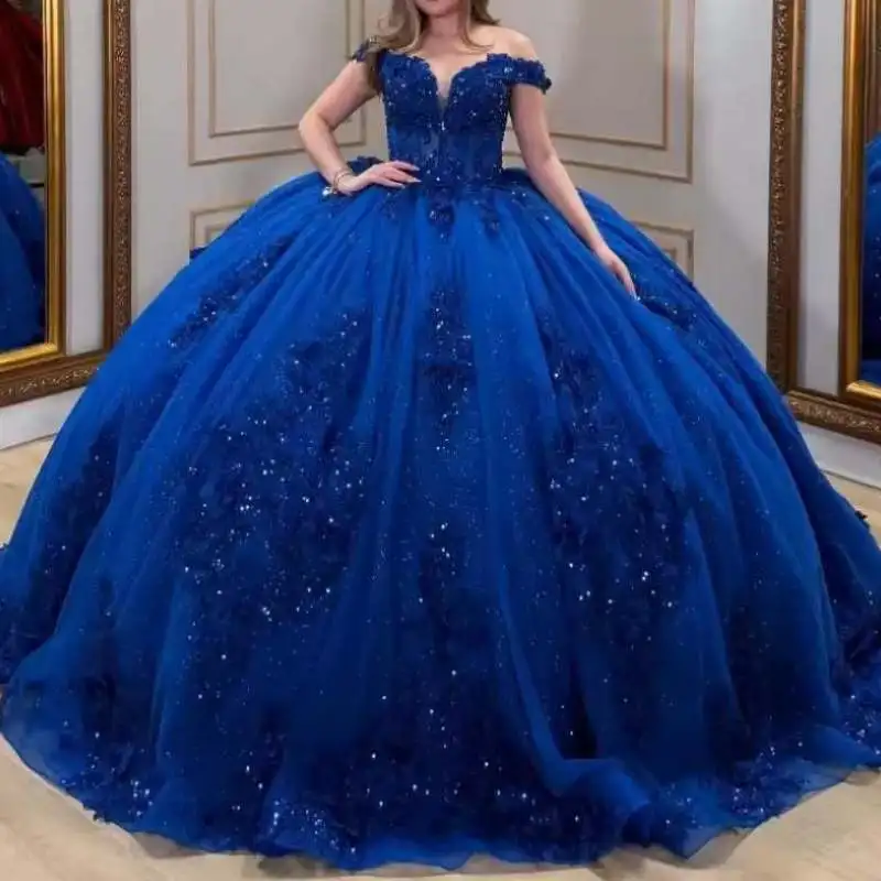 

Customized Royal Blue Quinceanera Dresses Lace Applique Corset Ball Gown Sweep Train Women Prom Birthday Party Dress Vestido 15