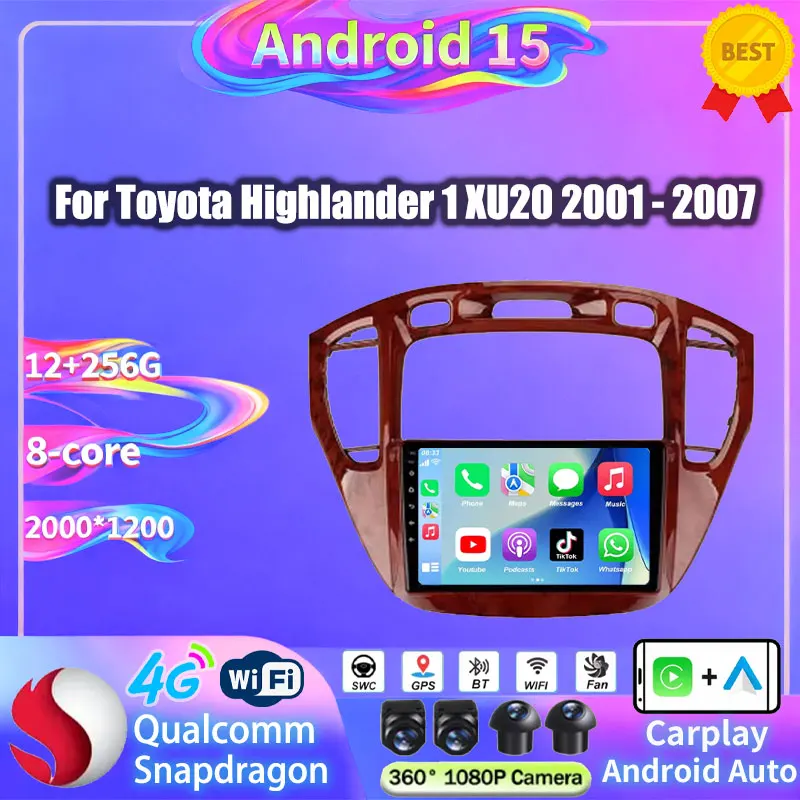 Wireless Carplay Android Auto For Toyota Highlander 1 XU20 2001 - 2007 Android 15 Car Radio Multimedia Player 4G Navigation 2din