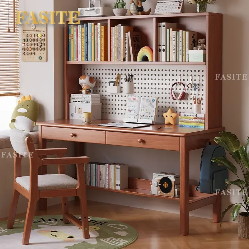 Solid Wood Desk with Integrated Bookshelf for Home Office Student Study Computer Writing Table DIY Furniture Space Saving