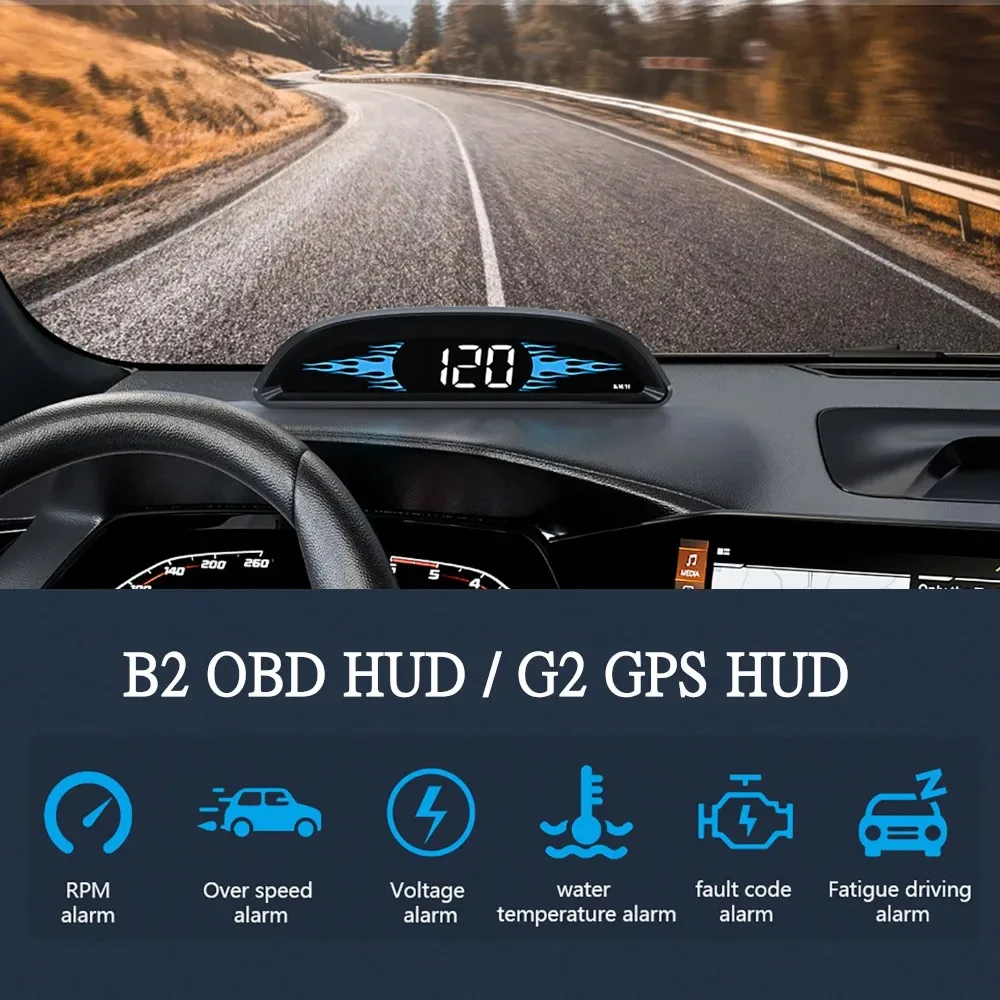 

Многофункциональный смарт-проекционный дисплей G2 B2 (HUD) для автомобиля: GPS/OBD, цифровой спидометр, температура воды, обороты двигателя, расход топлива, сигнализация безопасности