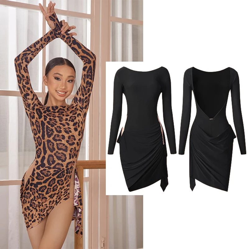 

Новое детское платье для латинских танцев ZYM, черное леопардовое платье для девочек, тренировочная одежда с длинными рукавами, платье для соревнований по танцам ча-ча DNV25624
