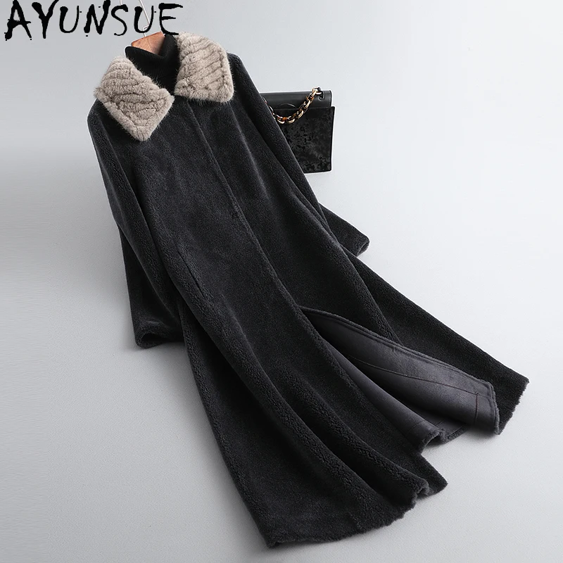 

Sheep Shearing Jacket Women Mid-length Mink Fur Collar Warm Woolen Coat Women's Fur Coat Winter Casaco Inverno Feminino 1126