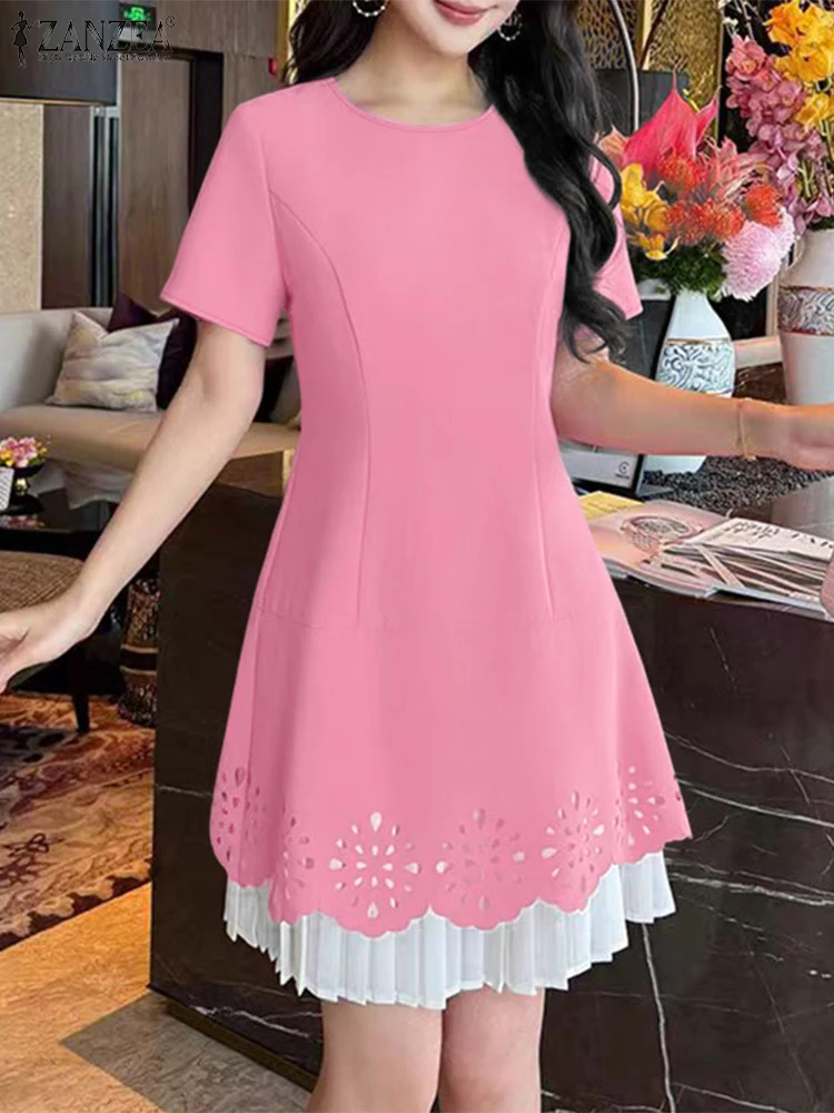 잔제 여성 우아한 드레스 패치워크 미니 선드레스 2025 여름 캐주얼 반팔 레이스 속이 비치는 캐주얼 파티 베스티도스 로브