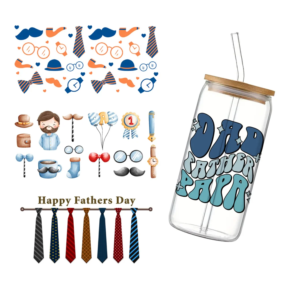 11x24cm Best Dad Papa Day For Libbey 16oz Can Glass 3D Waterproof UV DTF Coffee Can Wrap Libbey Glass Wrap