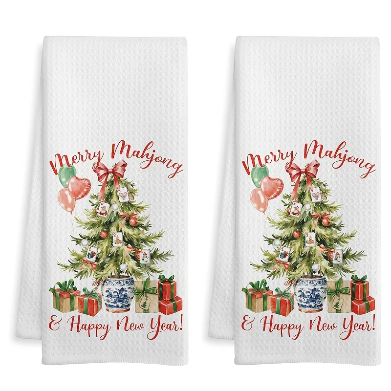Chinese mahjong Christmas tree kitchen towel 2-piece set, suitable for kitchen decoration and home improvement