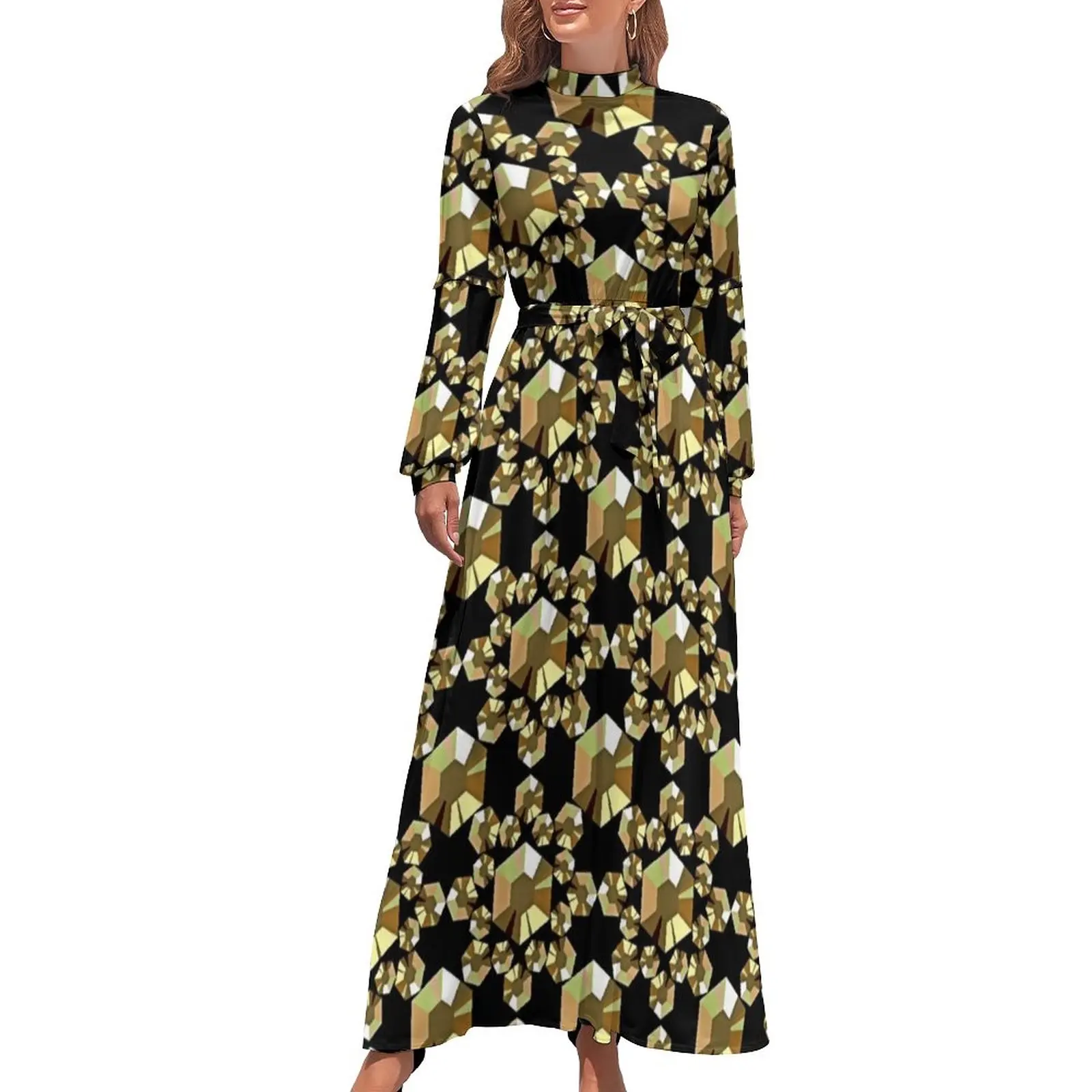 

Crystals Beads Print Dress Sparkling Gold Elegant Maxi Dress Streetwear Bohemia Long Dresses High Neck Graphic Clothing