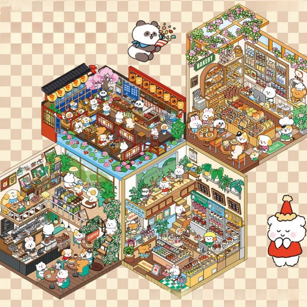 Cartoon DIY Miniature Scene Sticker Sushi Dessert Shop 3D Landscape Stickers Visual Stacking Stickers Gift For Child Student