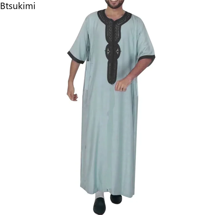 2025 hombres Moda musulmana Abayas ropa islámica estilo étnico bordado Jubba Thobes caftán marroquí Eid oración vestido largo Homme