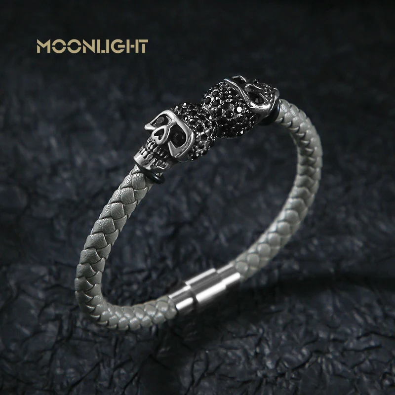 Punk Bracelet For Men Gothic Hand Skull Skeleton Black Braided Leather Bracelet Stainless Steel Magnetic Clasp Bangles Gift