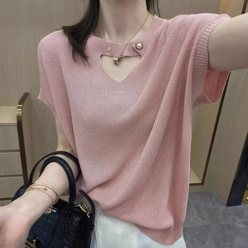 

Loose Slimming Summer Ice Silk Short-Sleeve T-Shirt With Stylish Hollow-Out Design, Versatile And Fashionable Knit Top