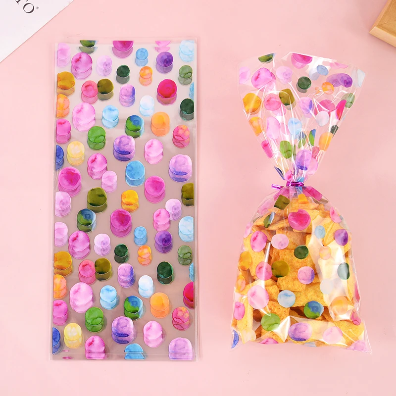 

50Pcs Rainbow Polka Dot Printed Bags Plastic Cellophane Treat Bags Candy Biscuits Baking Packaging Wedding Birthday Party Gifts