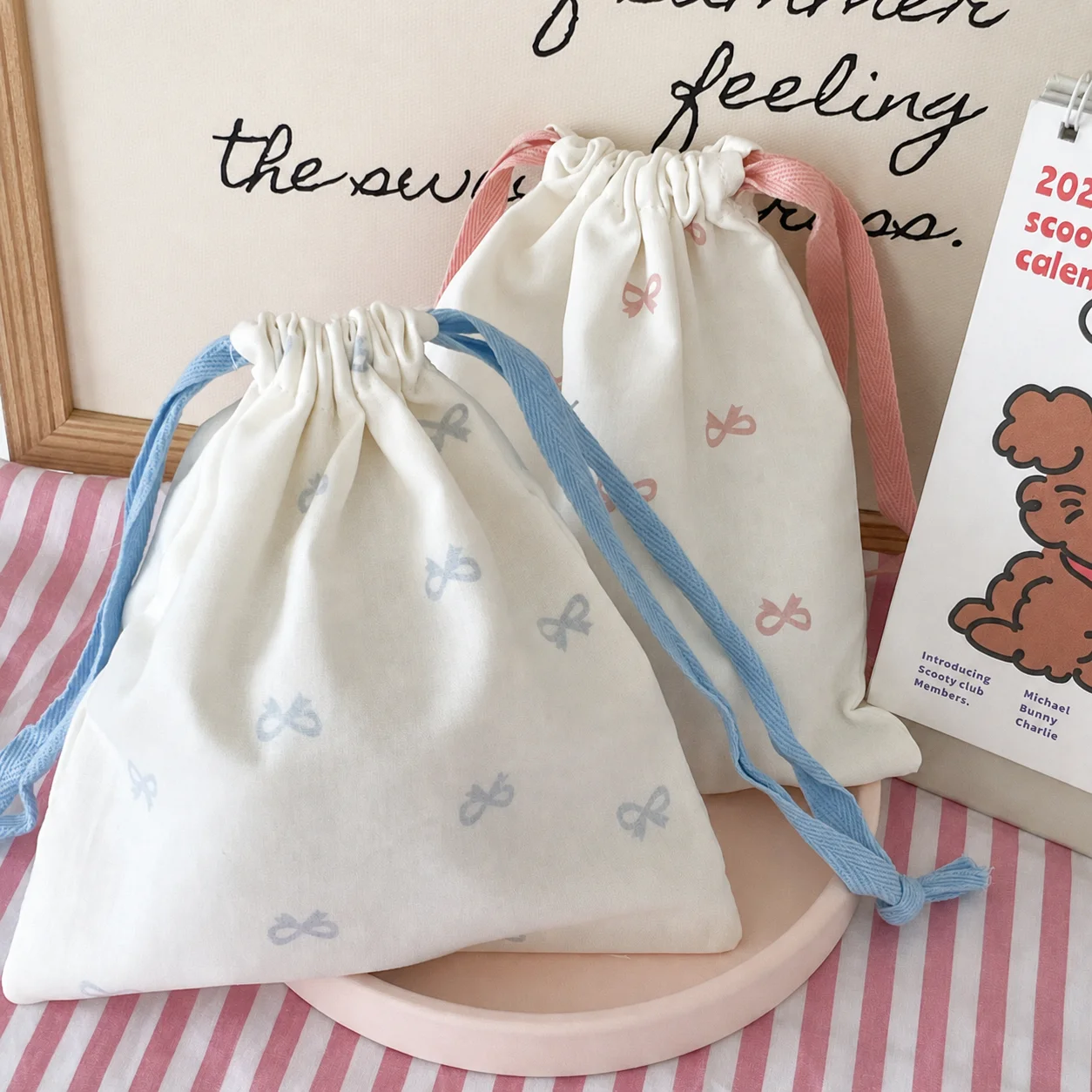 Cotton Drawstring Storage Bag Cotton Travel Storage Pouch Bow Print Organizer Pouch Soft Stationery Storage Bag For Travel