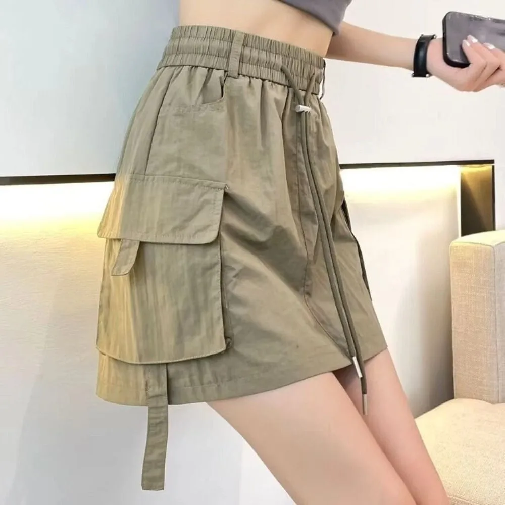 

Simple Loose High Waist Skirt Drawstring Large Pocket Causal Skirts Women Spicy Girl Style Lace Up Wide Half Leg Skirts Summer