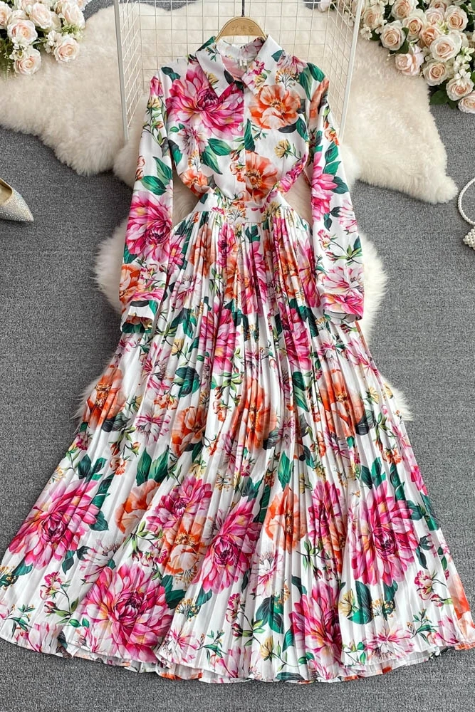 Vestido largo plisado con flores para mujer, ropa femenina Vintage de lujo para vacaciones y otoño