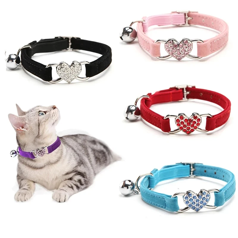 Colar ajustável em forma de coração com sino para gato, colar de cristal macio, gato de segurança, cachorro pequeno, gatinho, filhote