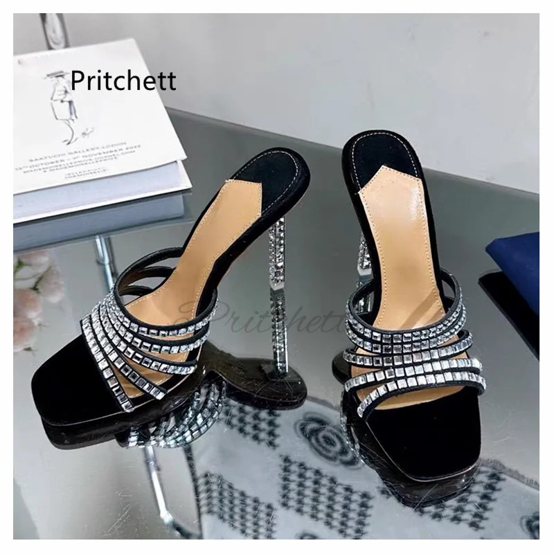 

Square Toe Rhinestone High Heels Slippers for Women Crystal Stiletto Summer Shoes Gold Silver Open Toe Party Catwalk Shoes