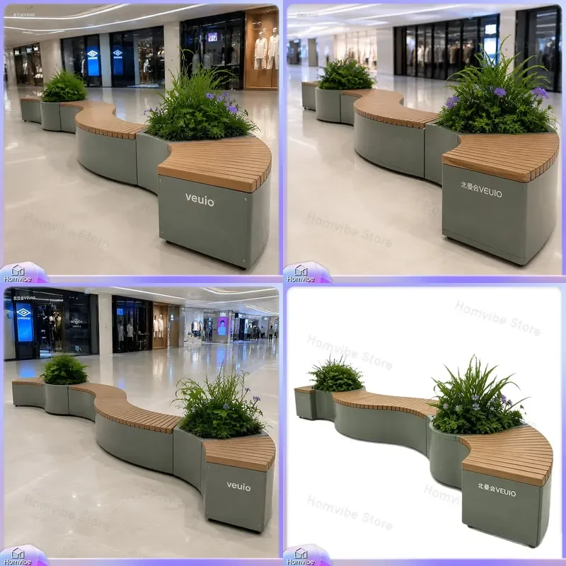 S Shaped Wrought Iron Flower Box Seat Galvanized Steel Plastic Wood Planter Bench Outdoor Garden Landscape Furniture Leisure
