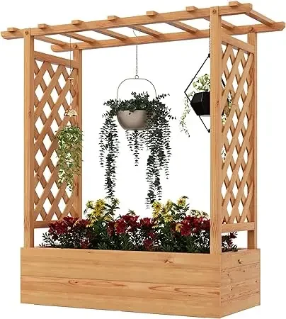 

Wood Elevated Garden Bed with Hanging Roof, Planter Box, Drainage Holes for Climbing Plants, Flowers, Raised Flowerpot