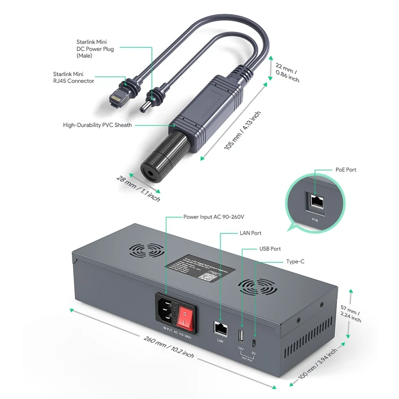 حاقن POE لـ Starlink Mini لـ Starlink Mini POE Injector 5-In-1 AC POE حاقن ذكي لـ Starlink Mini US-PLUG