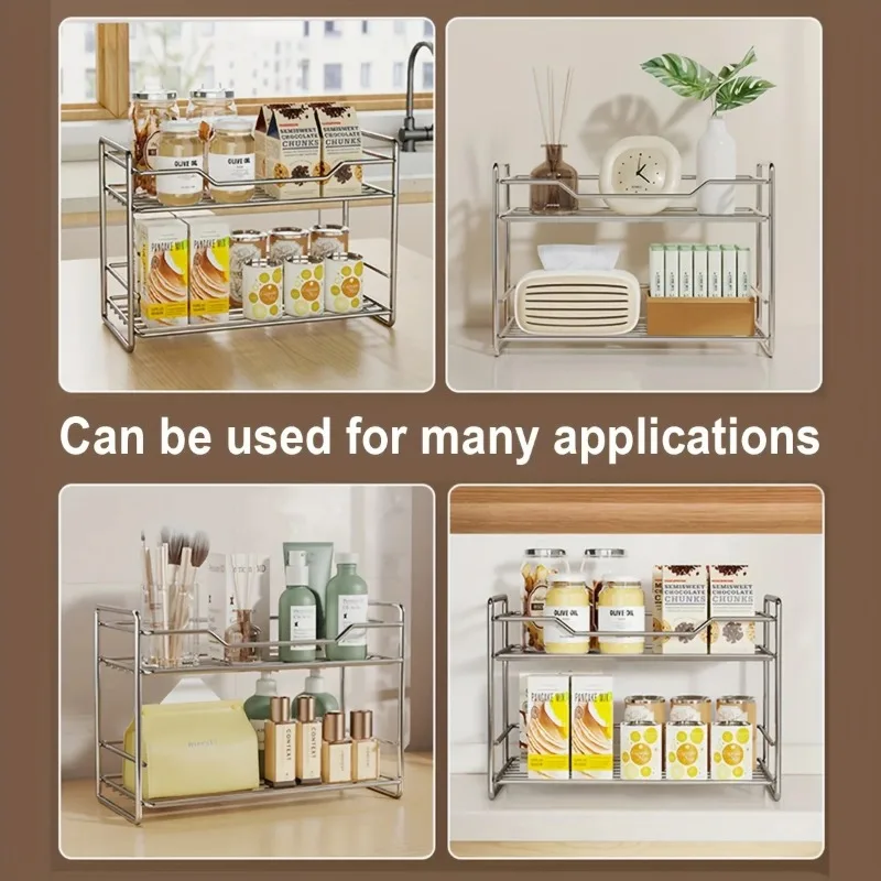 2 Tier Stainless Steel Kitchen Organizer Countertop Shelf, Seasoning Organizer, Modern Sturdy Spice Rack for Kitchen, Bathroom