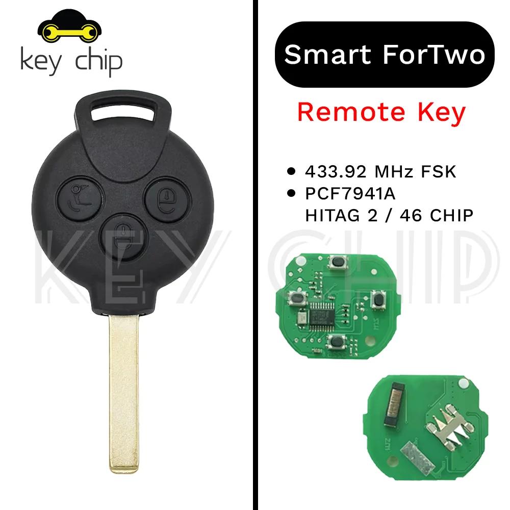 For Mercedes Benz Smart Fortwo 451 2007 2008 2009 2010 2011 2012 2013 3 Buttons PCF7941 ID46 Chip 433MHz Remote Car Key