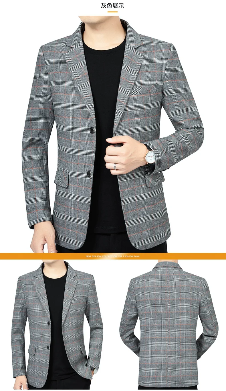 เสื้อคลุมลายสก๊อตแขนยาวผู้ชายชุดเปิดลงปกเสื้อแจ็คเก็ตธุรกิจเดี่ยว Breasted Jacket เสื้อสเวตเตอร์ถักกระเป๋า