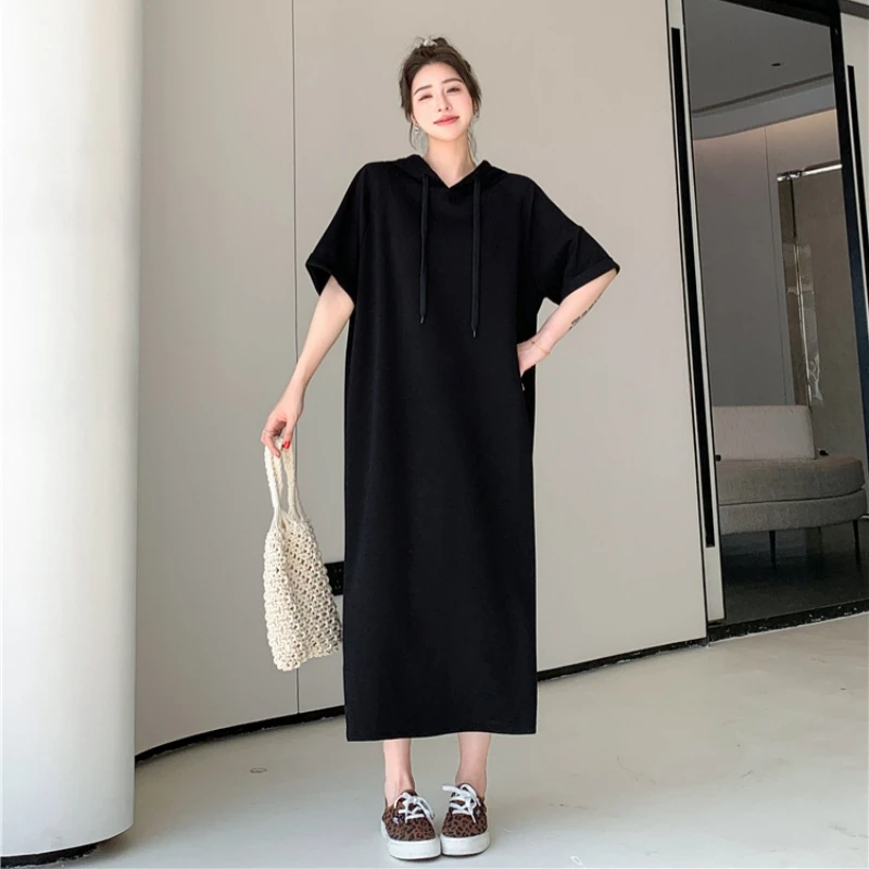 プラスサイズ スリット入りTシャツ ルーズフィット 半袖 パーカーワンピース レディース 春夏 細見え カジュアル 無地 ロング丈ワンピース