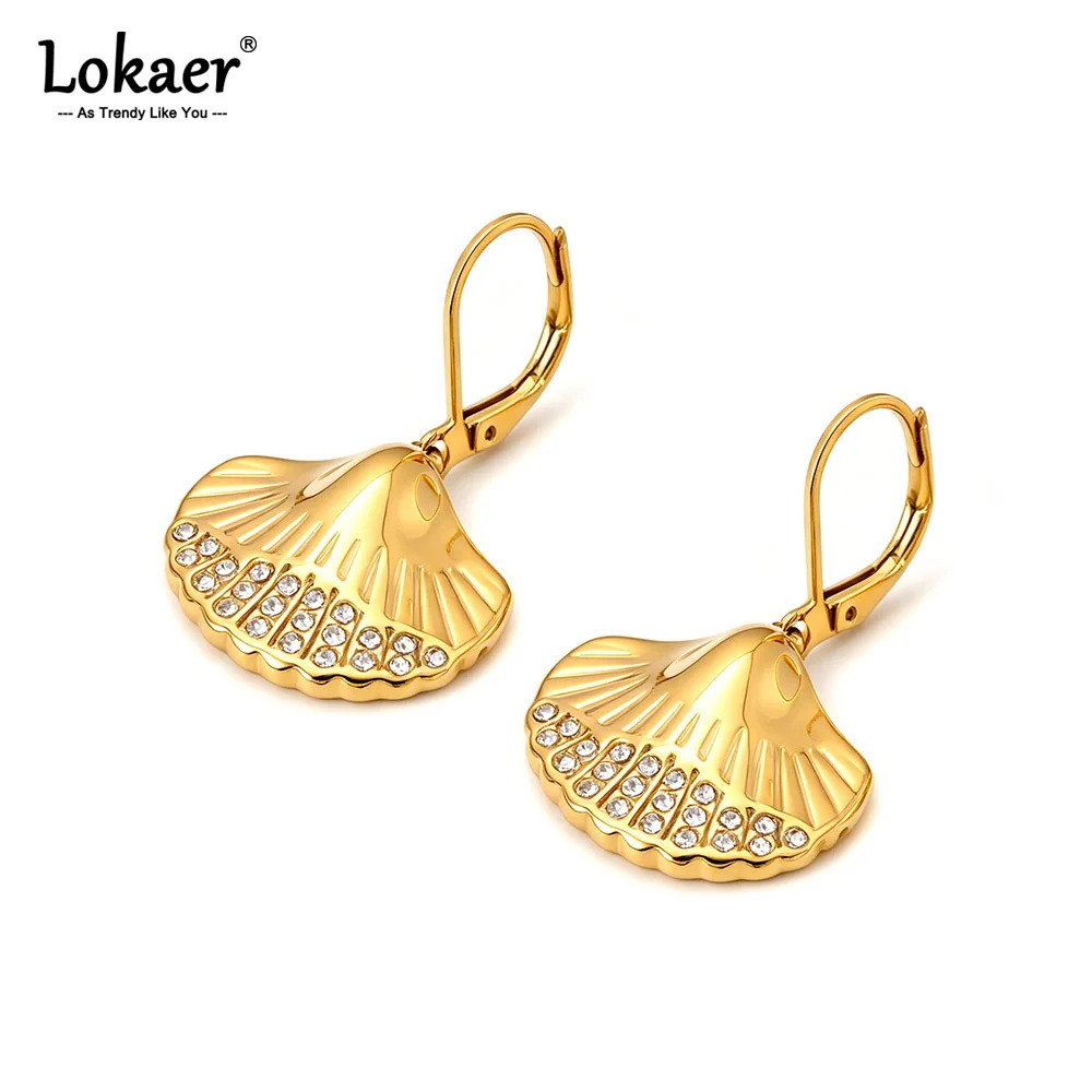 Lokaer Stainless Steel Vintage Fan Shaped Leaf Hoop Earrings For Women Crystal Geometric Daily Earrings Fashion Jewelry E26099