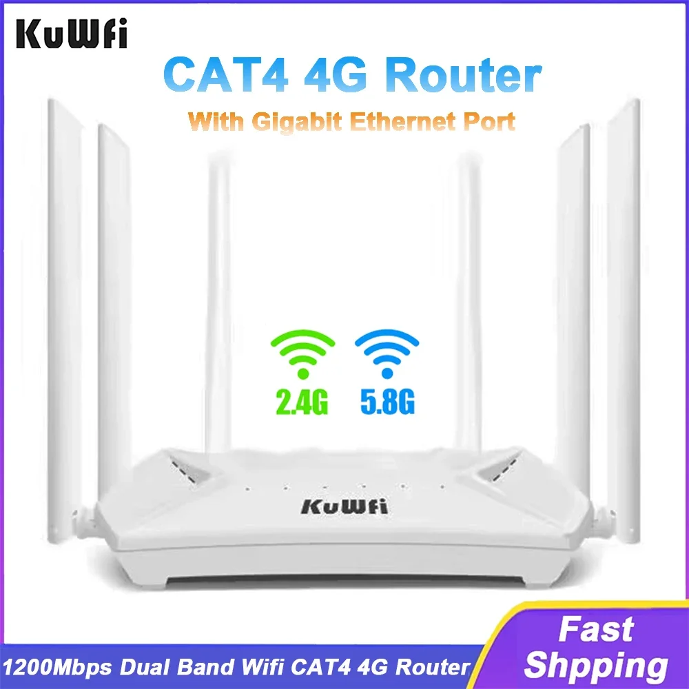 

KuWFi CAT4 LTE Router 1200Mbps 2.4G 5.8G Dual Band Wireless Wifi 6pcs High Gain Antennas Gigabit RJ45 Port Standard USIM Slot