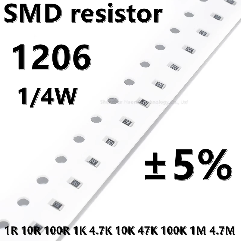 ตัวต้านทาน1206 SMD 2.2R 1R 22R 4.7R 47R 100R 10R 470R 1K 4.7K 10K 47K 100K 1M 4.7M 1M 1M 1/4W คุณภาพสูงกว่า (100ชิ้น)