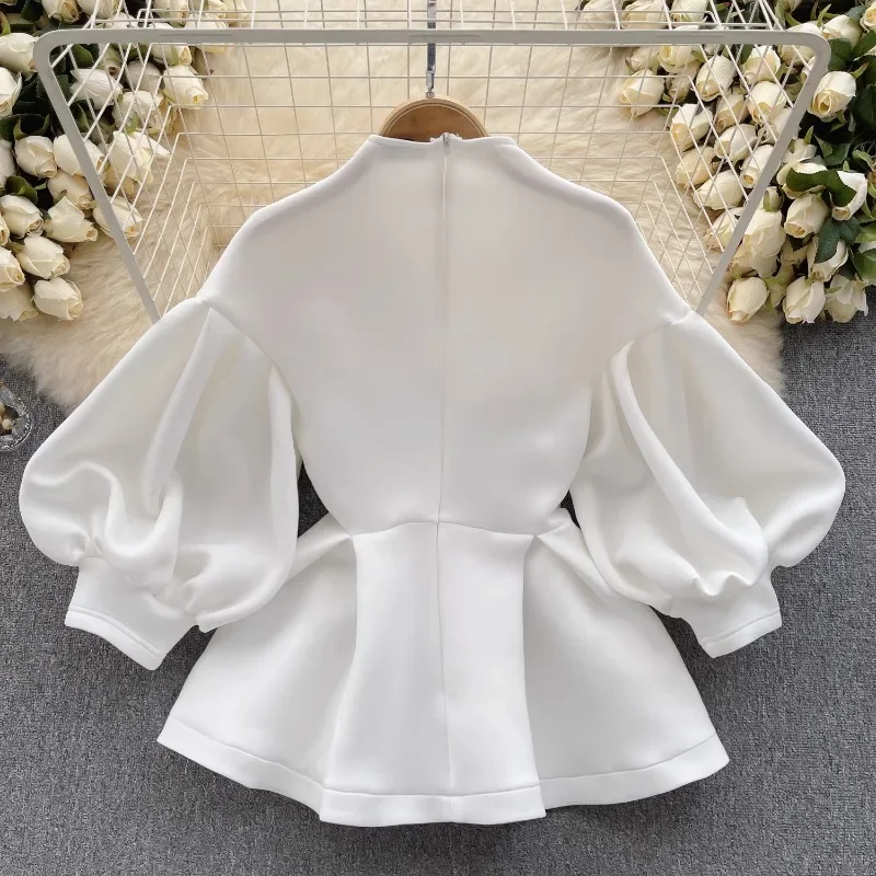 

Women Shirts&blouses Puff Sleeve V Neck Elegant Vintage Korean Fashion Blusas Mujer Flowers White Ruffles Camisas