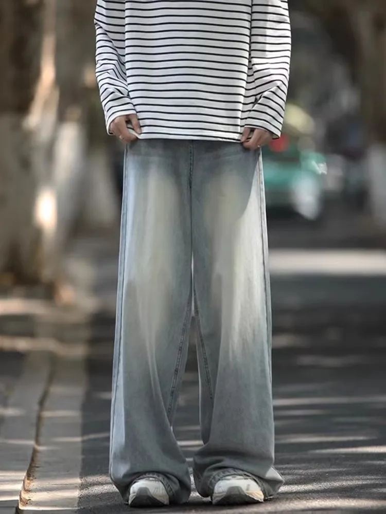 

Светло-голубые джинсы с эффектом выцветания, прямые, свободные, широкие брюки для мужчин, осенние, в американском стиле High Street, молодежный тренд