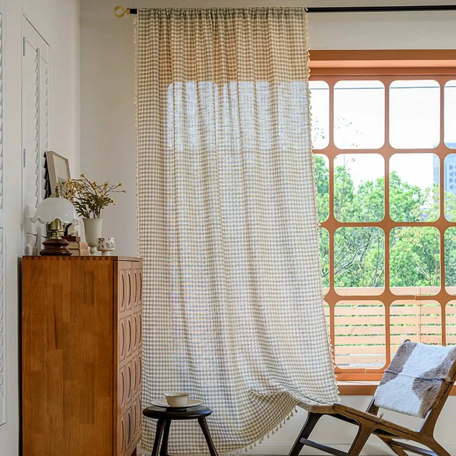 Karierte Vorhänge mit Quaste, Sichtschutz, Fensterbehandlungen für Schlafzimmer, Wohnzimmer, Stangentasche, Design, Heimdekoration
