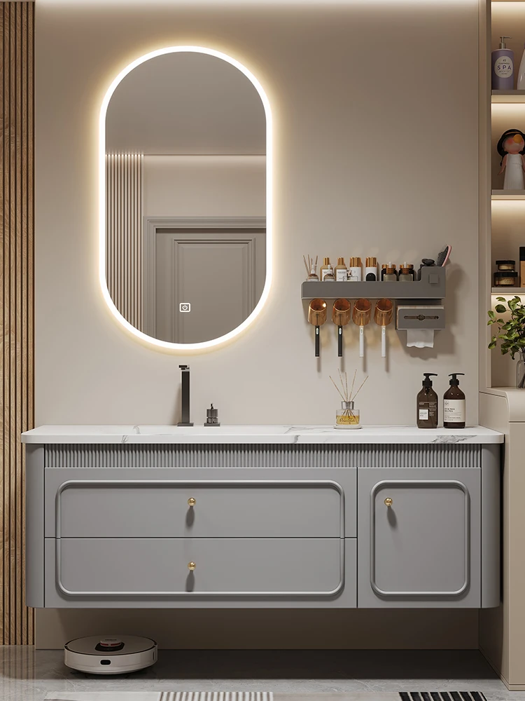 Cream wind rock slab hot bending Corian integrated basin bathroom cabinet combination toilet vanity