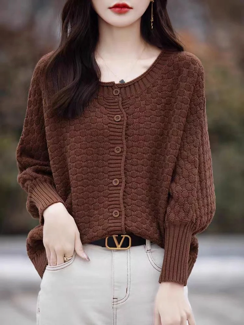 

French Style Design Lantern Sleeve Knitted Cardigan For Women Spring And Autumn Lazy Fashionable Versatile Jacket Top w145