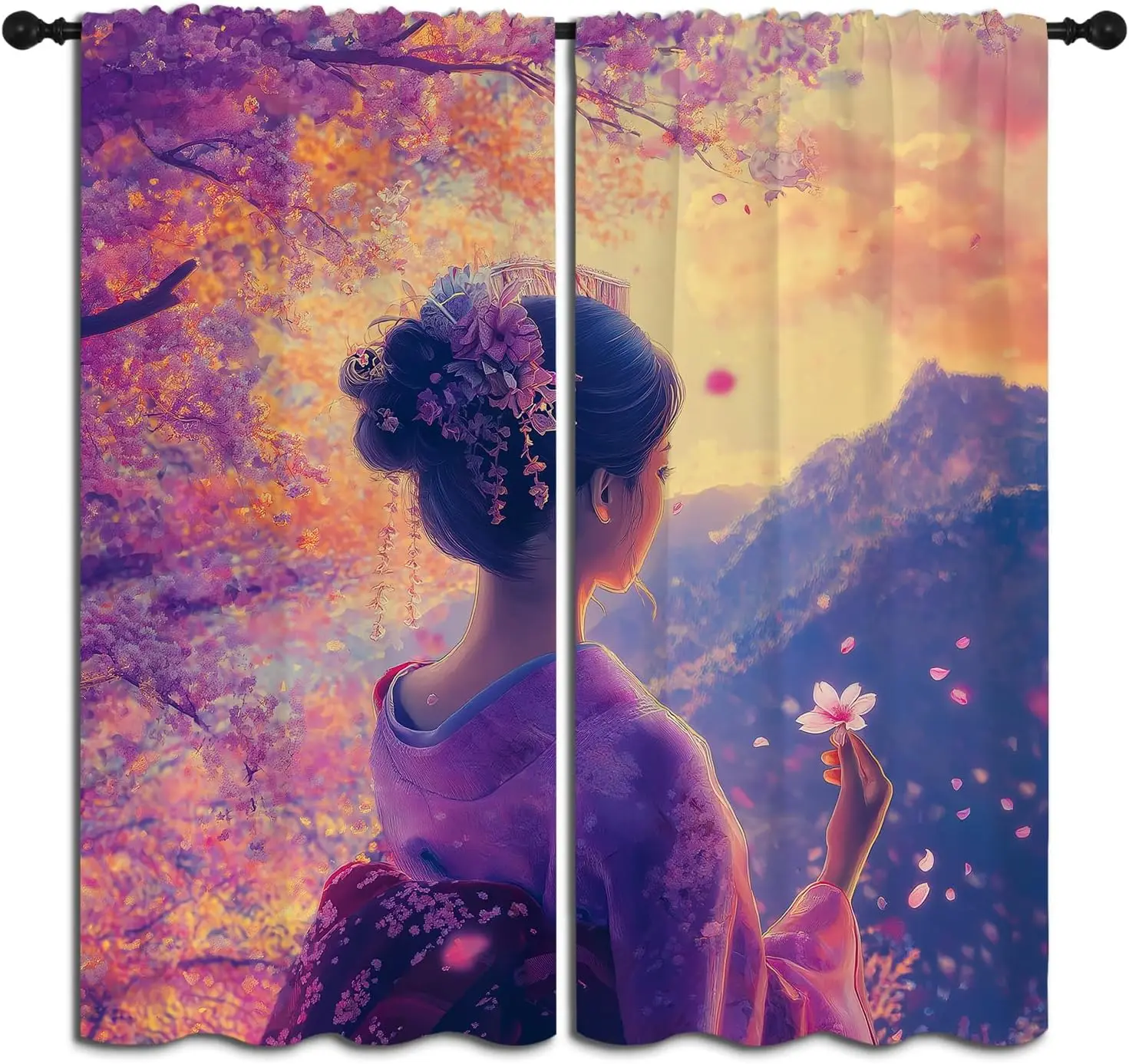 Anime Sakura Blackout Curtain Purple Kimono Geisha Falling Cherry Petal Mountain Sunset Rod Pocket Panels Elegant Japanese