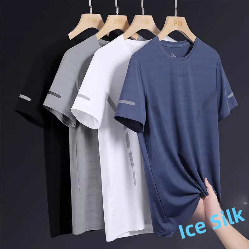 Ice Silk ort Sve T-irt Men's Large Size Thin Breathable Me Sport Qui Dry Fitn Running Top Summer Faion Casual