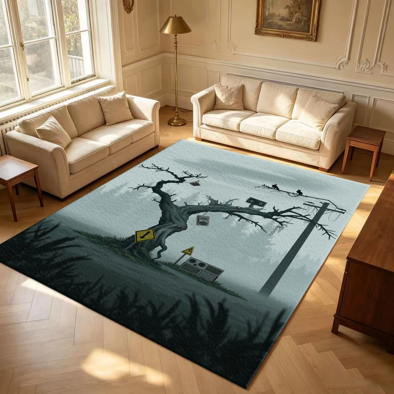Spooky Twisted Tree Foggy Dark Forest Scene carpet flooring Mysterious Art Area Rug