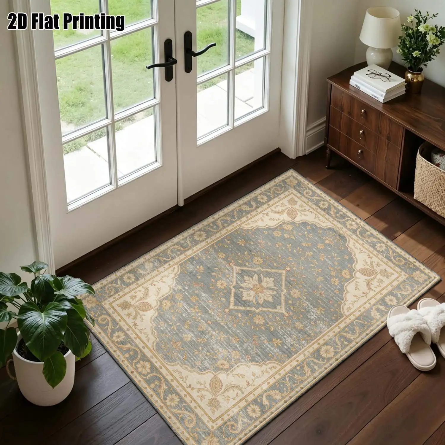 1Pc 2D Printed Carpet: Blue-Grey Floral & Geometric Design, European Vintage Style, Multi-Size, Machine Washable, Ideal for Home Decor, Entrance, Dining, Bedroom, Living Room