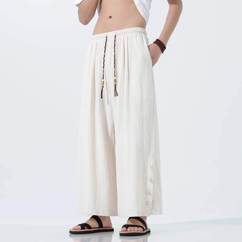 

Men's Chinese Style Solid Color Wide Leg Pants Breathable Elastic Waist Casual Trousers with Drawstring And Knot Buttons