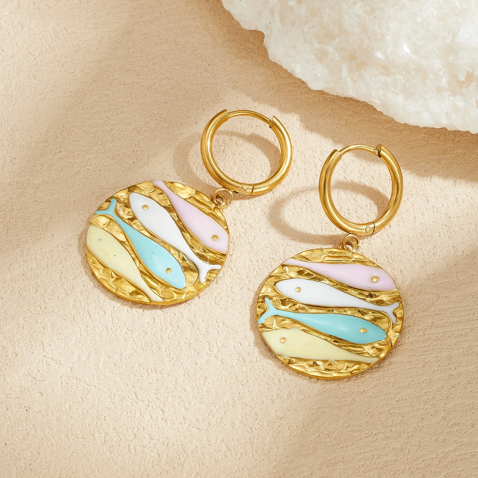 Stainless Steel Golden Hammered Round Multi Color Enamel Fish Dangle Hoop Earrings Lady Ocean Animal Drop Earrings