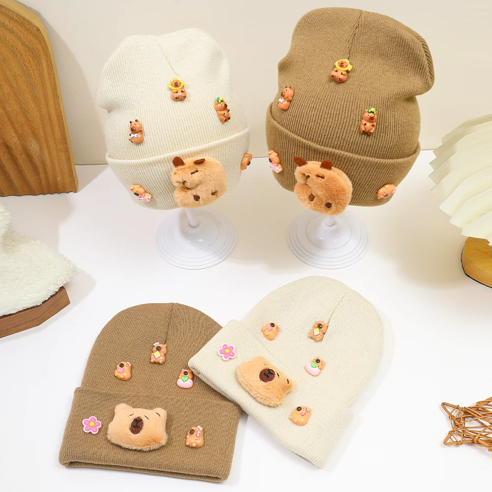 1PC Bear Cap + Capybara Flower Charm - Cute Soft Warm Autumn Winter Gift