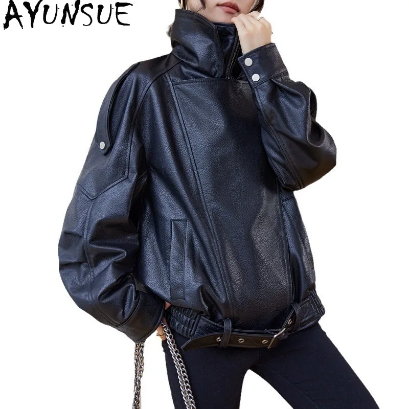 

AYUNSUE женская куртка из натуральной кожи, 2025 г., черные мотоциклетные куртки из овчины, весенне-осенняя одежда, женская свободная посадка Jaqueta De Couro