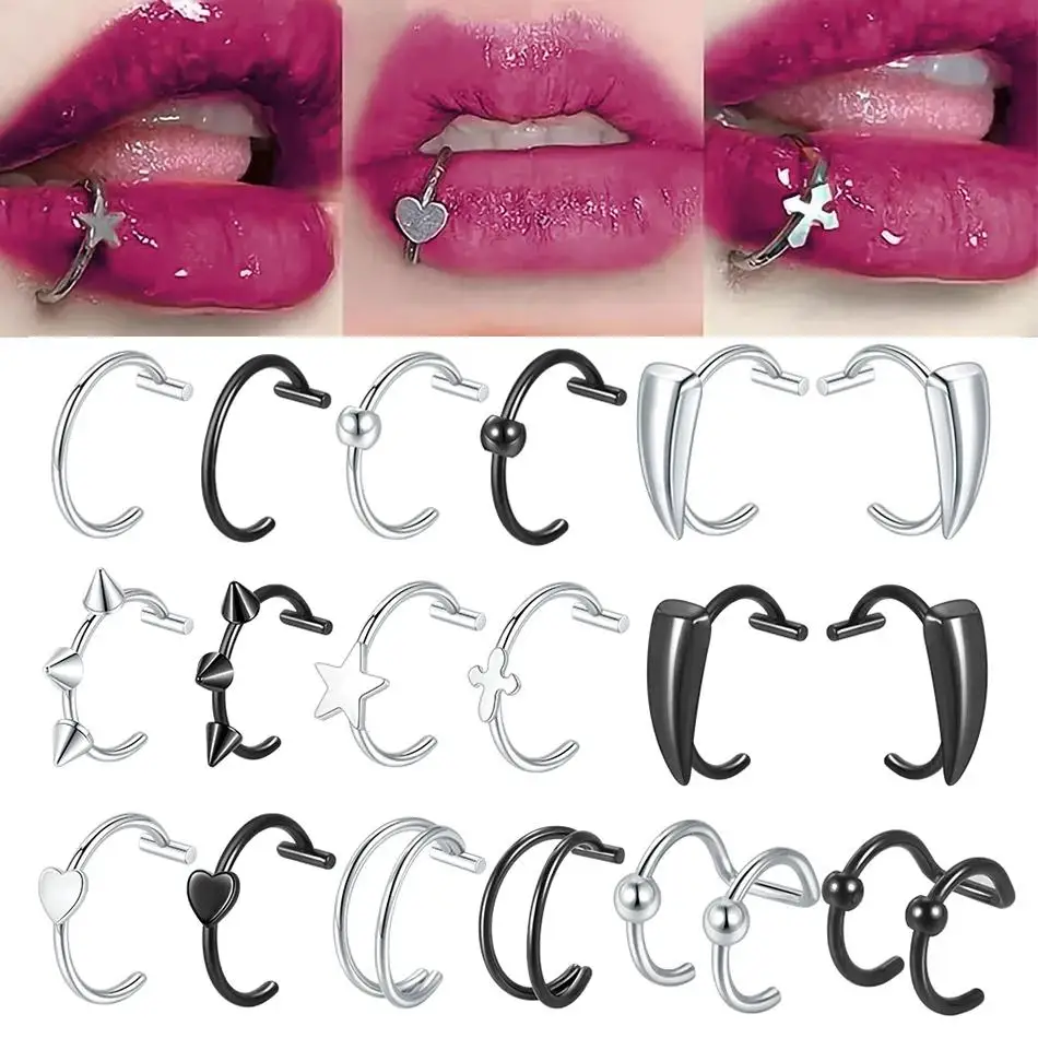 2/8/10pcs Stainless Steel C Shape Lip Ring Cross Star Heart Ball Cone Fake Piercing Nose Ring Women Body Jewelry Non-Pierced