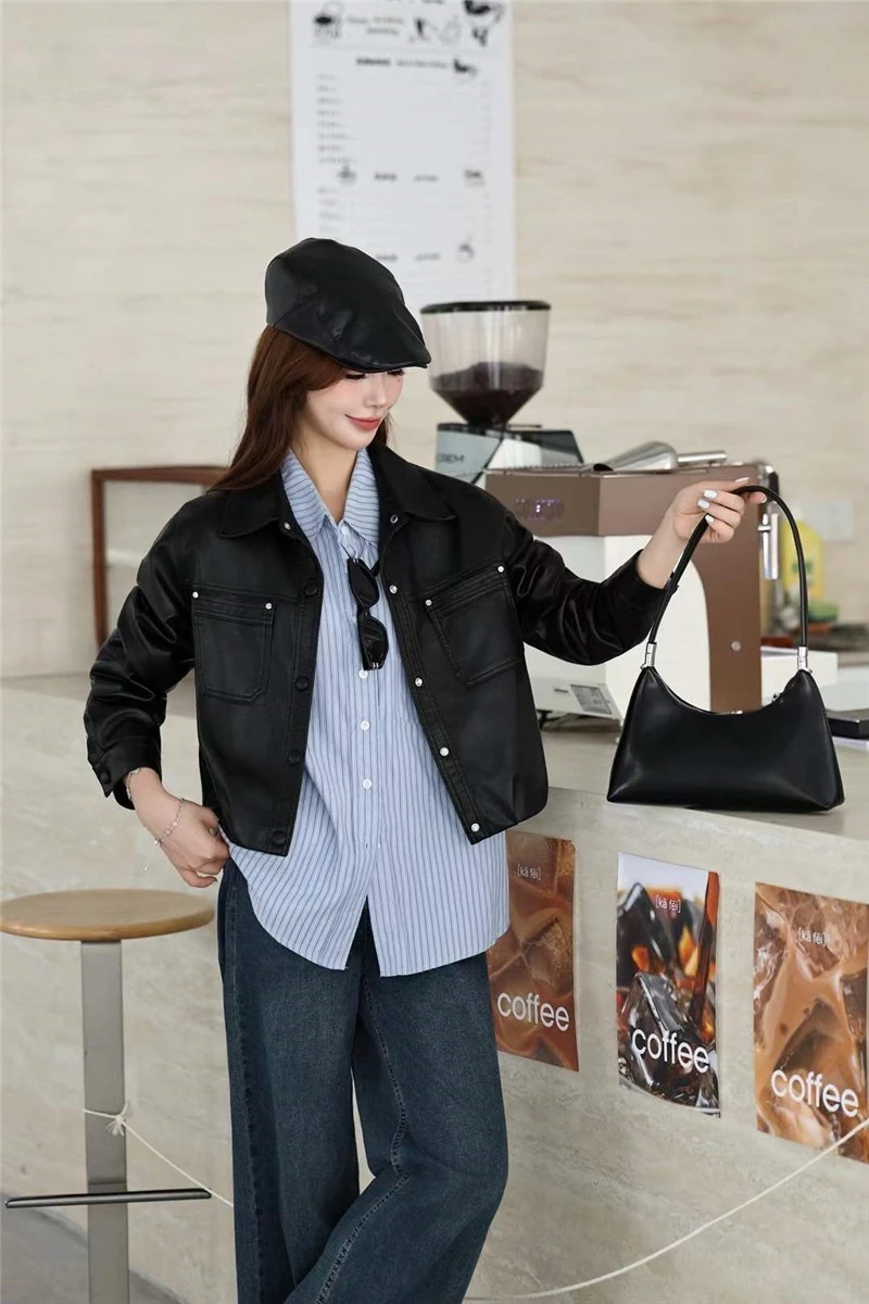Black Short Faux PU Leather Jacket Big Pocket Lapel Single-Breasted Long Sleeve Autumn New Women Imitation Leather Biker Jacket